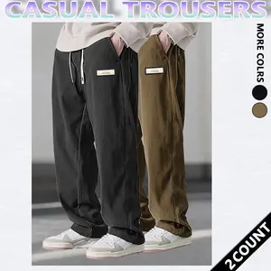 2-pack men’s retro-style loose corduroy work pants with slanted pockets—breathable, fashionable streetwear, straight-leg design, suitable for casual city walks and outdoor activities; fashionable pants with a drawstring.