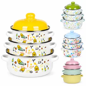 3 Piece Enamel Pot Set with Lids Cute Non-Stick Small Cooking Pots for Baby Food Soup Porridge Aesthetic Kitchen Apartment Essentials Easy Clean Food Safe Cookware Cookware non-toxic enameled soup pot enamelware