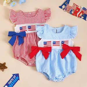 My First 4th of July Baby Girl Outfit Infant Plaid Bubble Romper Shamrock Embroidery Irish Day Spring Clothes