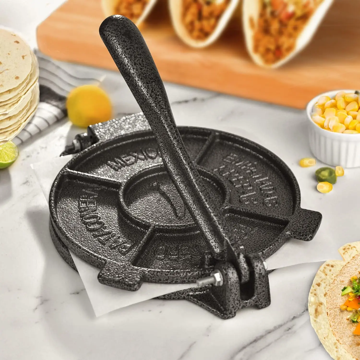 Tortilla Press 8 inch, Cast Iron Tortilla Maker Include 100 count Phment Paper, Heavy Duty Tortillera Pataconera, Flour Tortilla Press, Roti Maker, Taco Maker, Taco Press, Black Gray