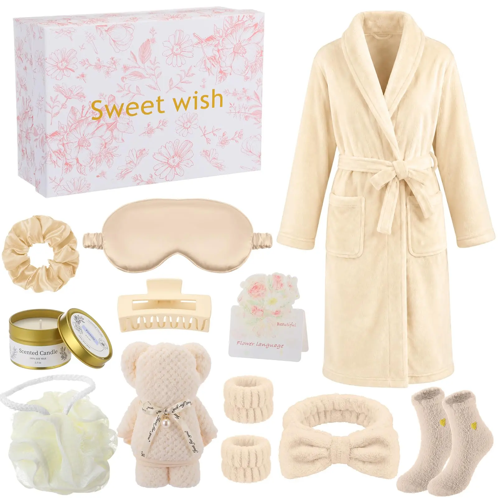 11 Pcs Birthday Gifts Basket for Women, Spa Gift Set for Women, Spa Care Package with Bathrobe Sleep Mask Scented Candle Socks Headband and Accessories for Mom Wife Sister