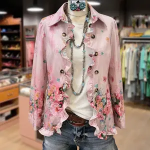 Cherrybetty Vintage Floral Print Ruffle Trim Collared Jacket  Coats Womenswear Outerwear Tops Spring Fashion Outfit Inspo Tiktok Shop Spring Glow up Loungewear Summervibes