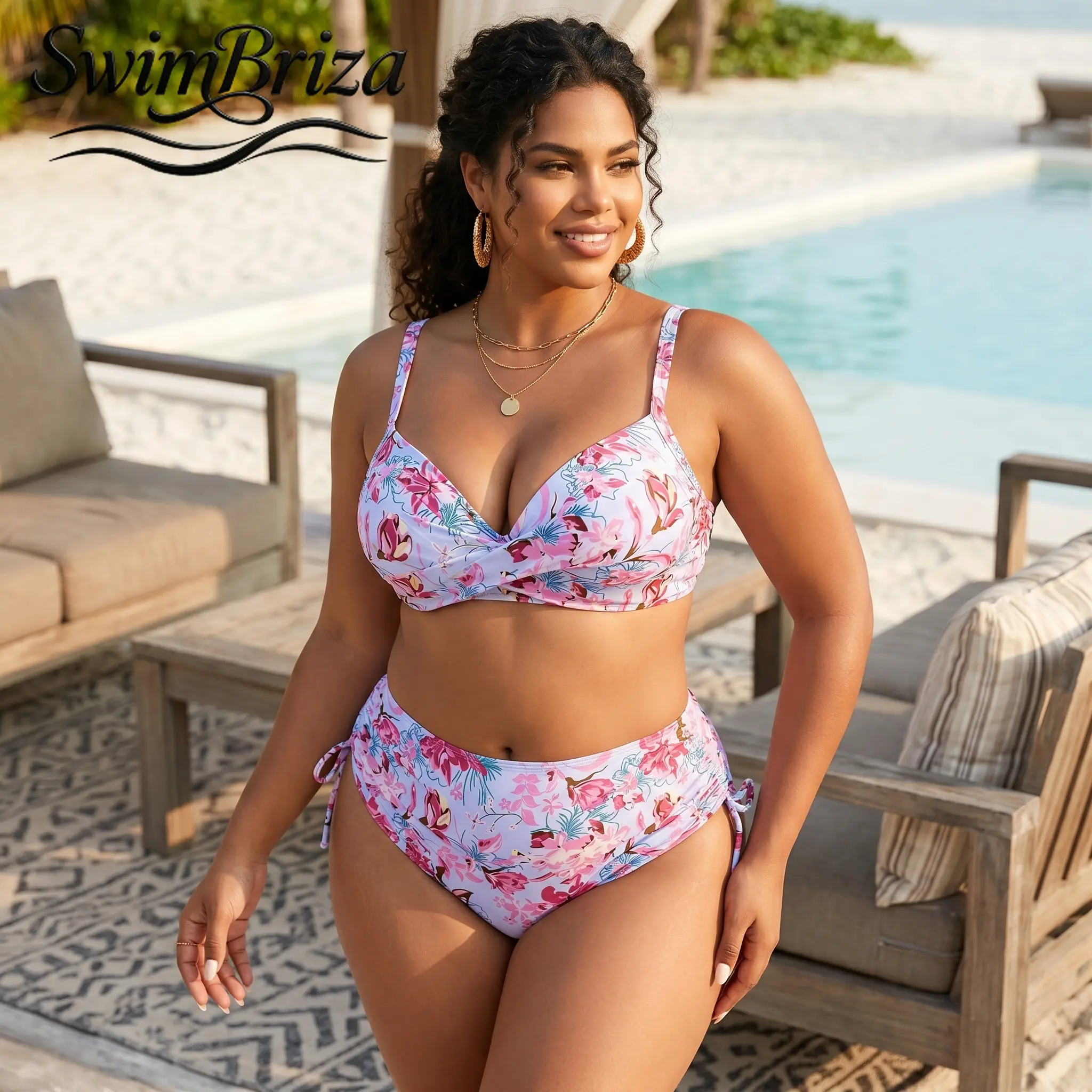 Briza｜Women's Plus Size Push Up Bikini Set Floral High Waisted Two Piece Swimsuit Padded Bathing Suit Swimwear for Vacation Beach Pool Summer, Women's Swimwear, Bathing Suit for Women, Two Piece Bathing Suit, Padded Support, Resort Swimwear Beachwear