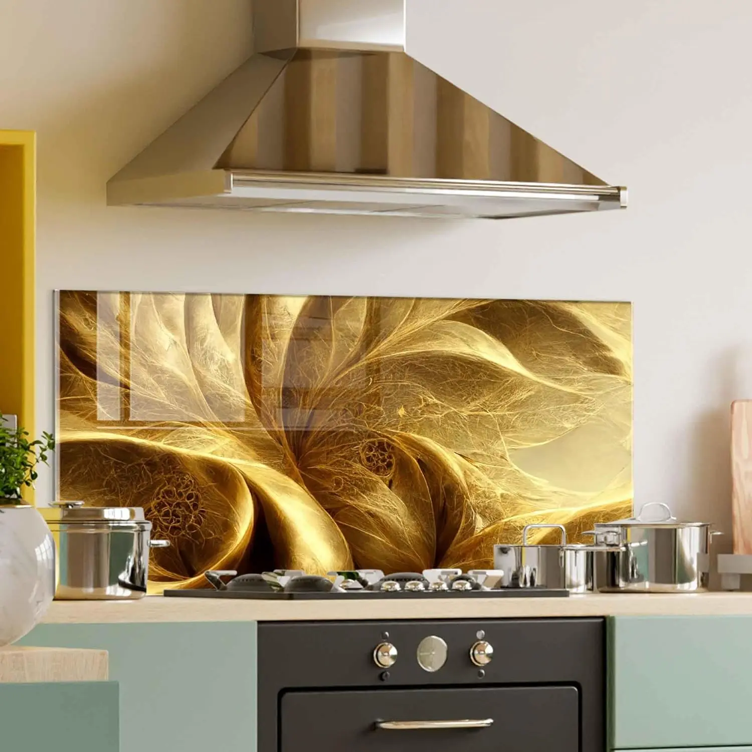 GCKG Abstract green fractal lines flower fractal pattern Tempered Glass Kitchen Backsplash, Stove Back Cover, Stove Splashback, Cutting Board, Kitchen Wall Decor
