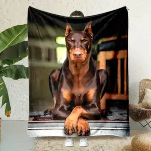 Doberman Dog Print Flannel Blanket - Digital Printed Soft Polyester, Reversible for All Seasons, Suitable for Bed, Sofa, Office, Travel - Modern Style, Cartoon Dog Theme, Blanket Gifts