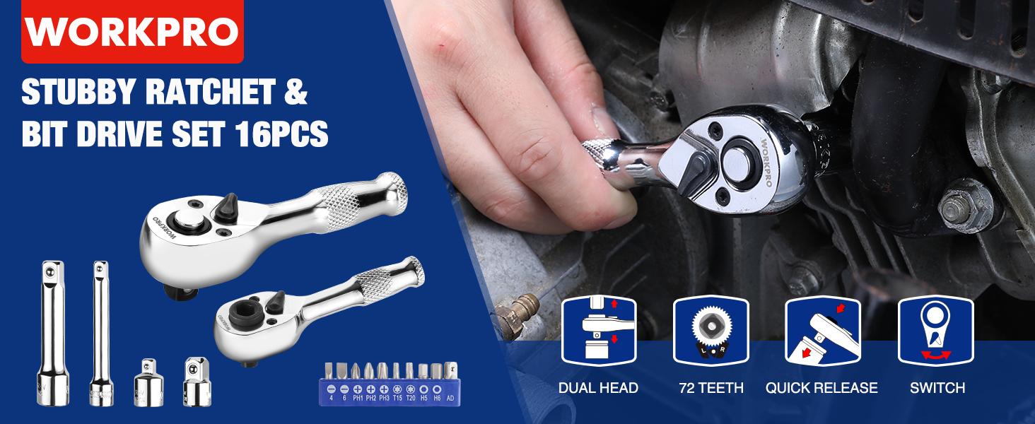 #backtoschool WORKPRO Stubby Ratchet & Bit Driver Set 16 Packs, 1/4", 3/8" Drive Ratchet Handle Wrench, 72-T Quick-Release Reversible Socket Wrench, 2 Socket Adapters, 2 Extension Bars, 10 Packs 1/4" Hex Bits