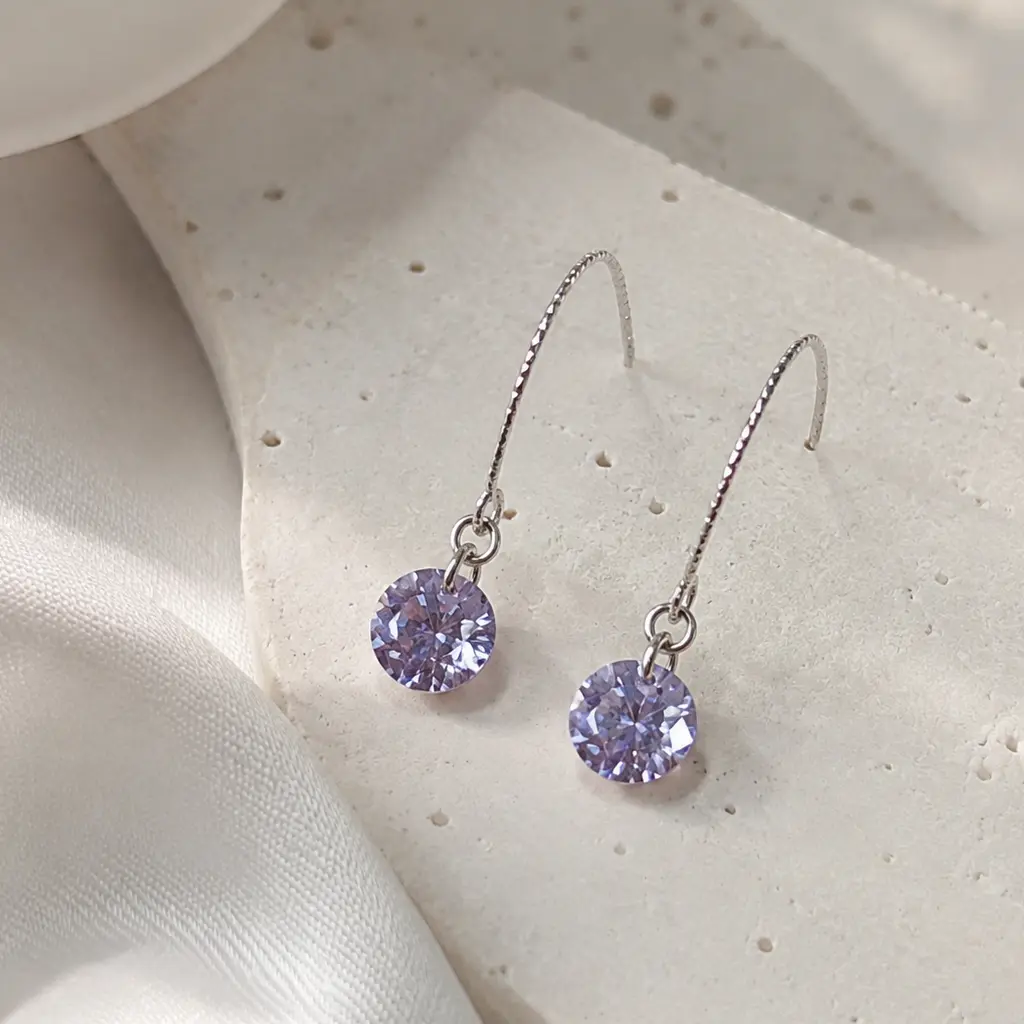 Lavender Cubic Zirconia Dangle Earrings, Sleek Hook, Fairy Glow