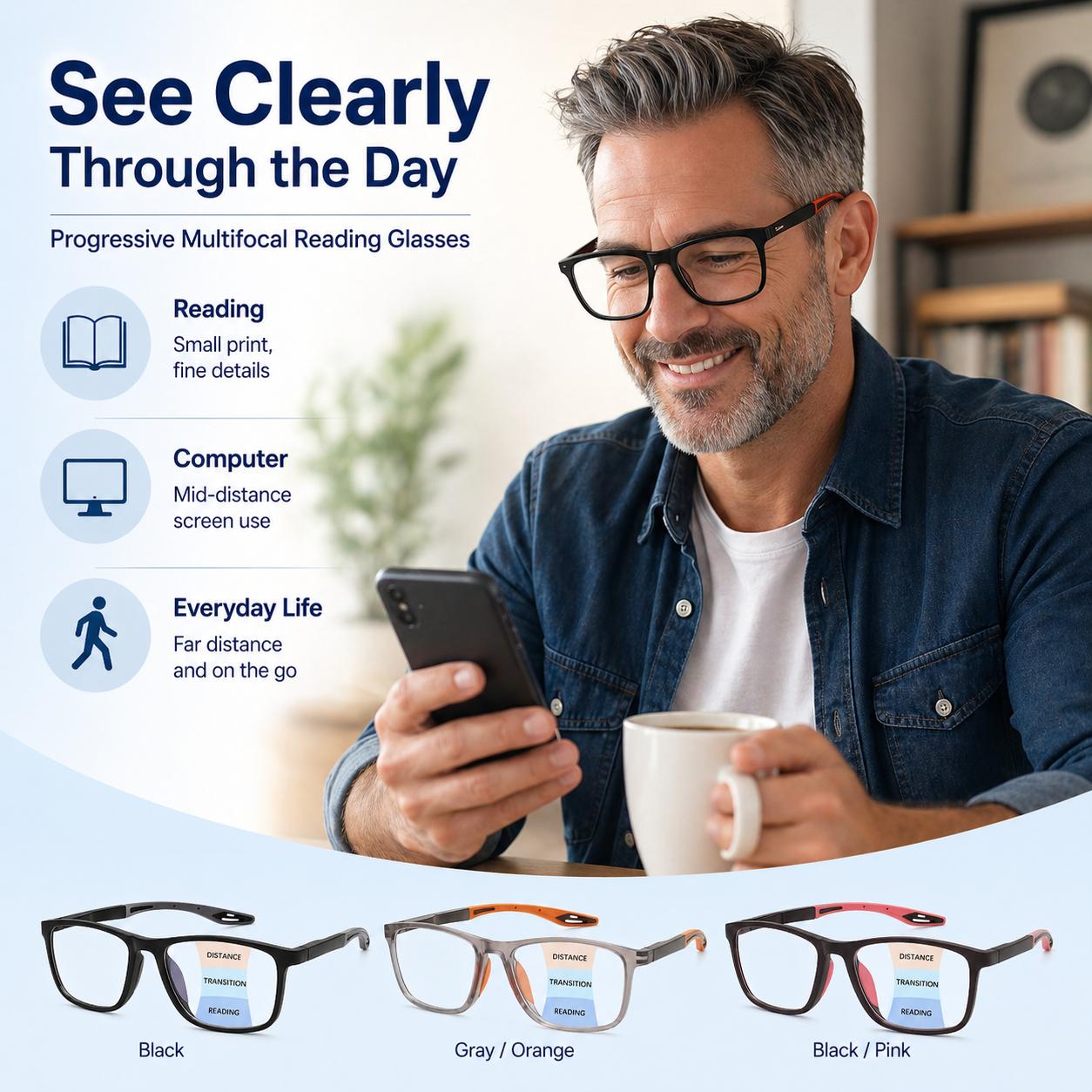 ViewSelect Blue Light Blocking Progressive Reading Glasses with Spring Hinge - HD Anti-Fatigue Computer Readers for Men & Women (Black, Orange, Clear)