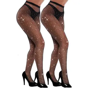 Sexy Sparkly Fishnets Stockings Jeweled High Waist Fishnet Tights for Women Rhinestone Party Pantyhose