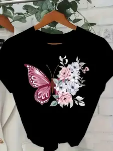 Plus Size Women's T-shirt, 1 Women's Round Neck T-shirt with Geometric Butterfly and Floral Print, Light Luxury and Simple Style, Suitable for All Seasons, Summer Short Sleeved Top