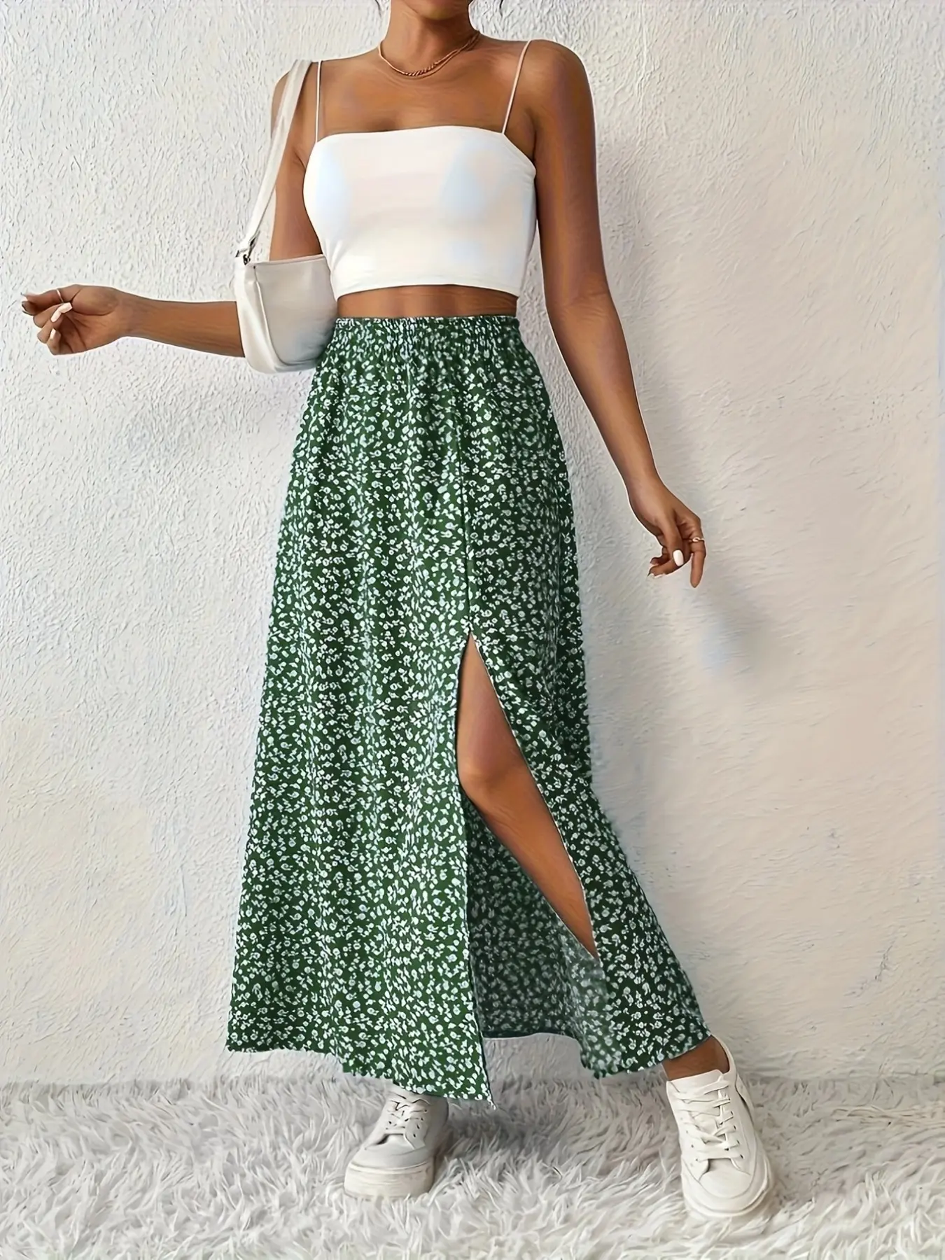 Women's Versatile Boho Lightweight Midi Skirt, Full Print Design, Split Hem Detail, Perfect for Casual Wear, Stylish, Elegant and Comfortable