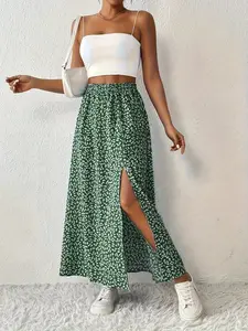 Women's Versatile Midi Skirt, Full Print Design, Split Hem Detail, Perfect for Casual Wear, Stylish and Comfortable