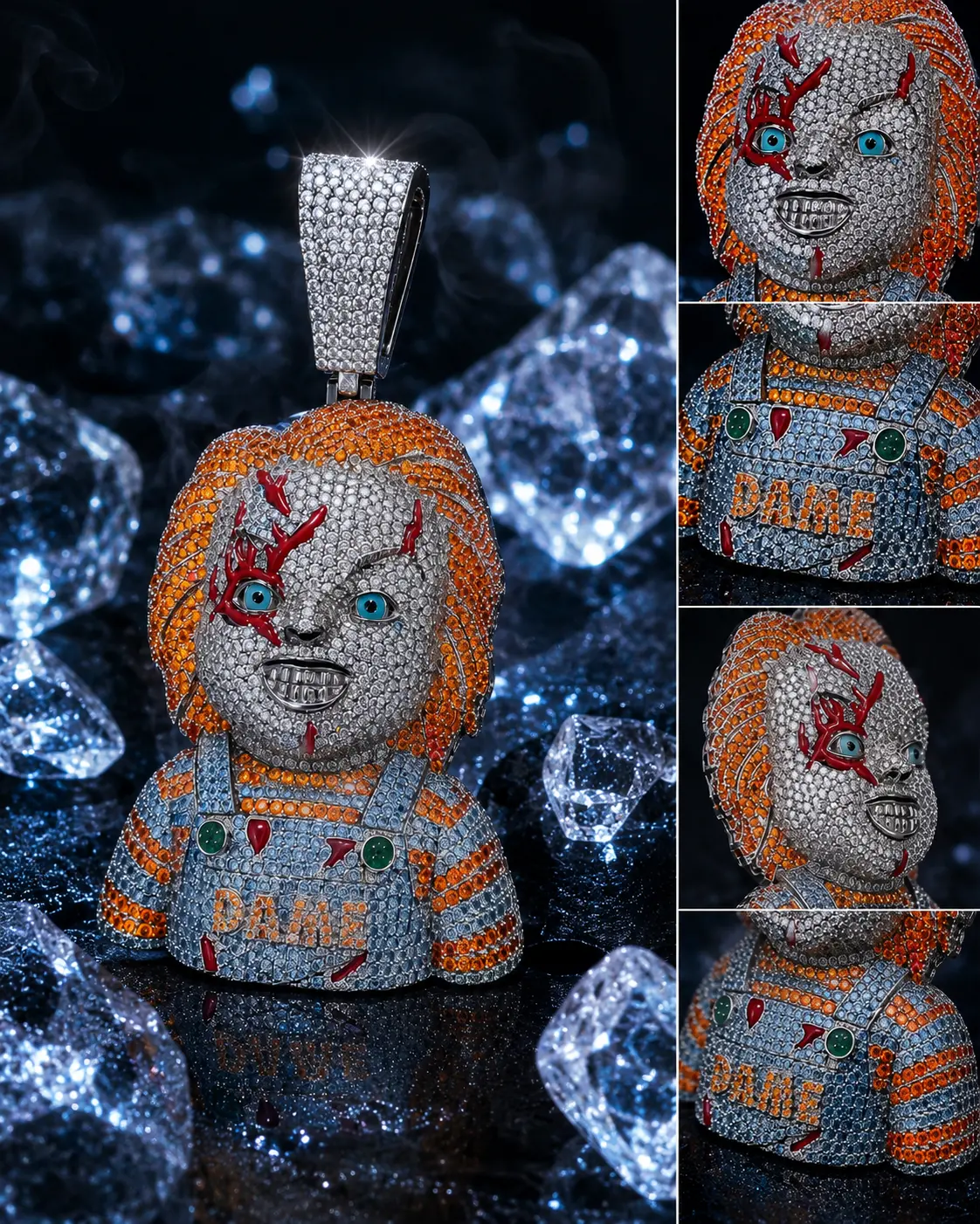 2351  Bloody Chucky Doll Pendant | Blinged-Out 3D Iced-Out Horror Statement Charm for Hip Hop Streetwear Vibe summerwins