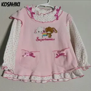 Fake Two Pieces Japanese Cartoon Embroidery T-shirt Y2k Aesthetic Polka Dot Patchwork Tees Grunge Kawaii Cute Pocket Tshirts