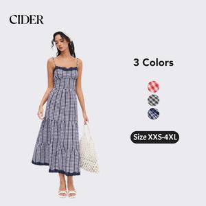 Cider Cotton-blend Gingham Lace Trim Tiered Shirred Maxi Dress, Lady Sleeveless Spaghetti Strap A-Line Maxi Dress for Daily Casual Wear and Street Wear, Gingham Design Summer Dress for Vacation and Party