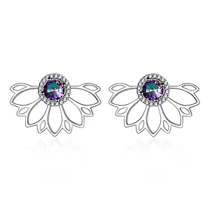 ChicSilver Dainty Daily Casual Sparkling Lotus Flower 925 Sterling Silver Colorful Cubic Zirconia Ear Jacket Front and Back Stud Earrings for Women