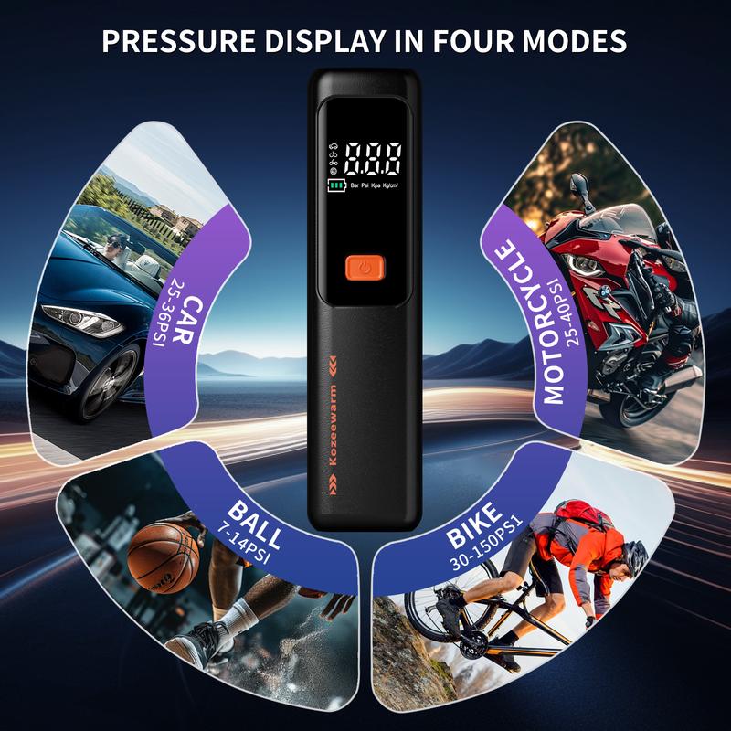 Kozzenwarm Electric Air Pump with Smart Pressure Control Portable Air Compressor One-Button Start Inflation Type-C Charging Port 4 Interchangeable Nozzles for Cars Motorcycles Bicycles Balls Compact Storage airpump