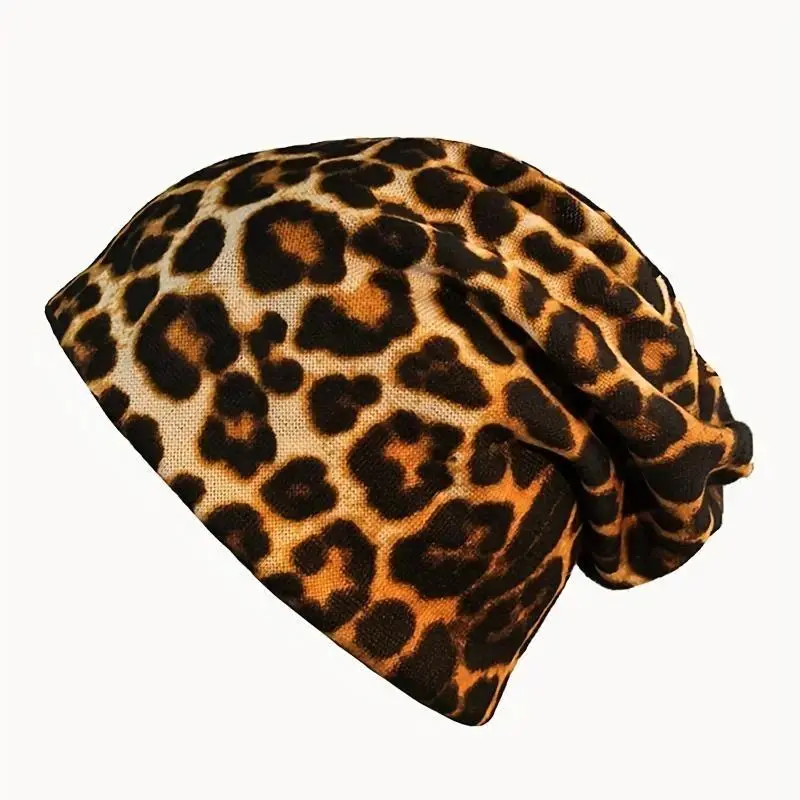Women's Leopard Print Beanie, Trendy Boho-Inspired Soft Skull Cap - Lightweight & Stretchy for Travel, Yoga, Casual Outfits