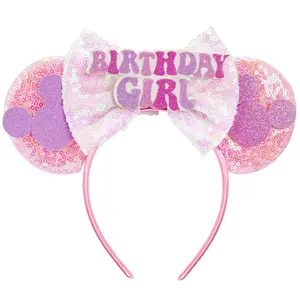 Birthday Mouse Ears, Mouse Ears Headband for Women Girls, Pink Birthday Decorations Hair Accessories for Party