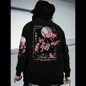 Men’s Japanese Sakura Flower & Moon Print Hoodie, Streetwear Preppy Stylish Top for Winter