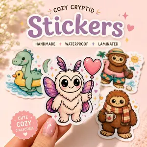 Razbry Reefs LLC Handmade Cozy Cryptid Die-Cut Vinyl Decal Stickers - Permanent Self-Adhesive Labels, Abrasion-Resistant, Strong Hold, Waterproof DIY Art Supplies for Mothman, Bigfoot Scrapbooking & Stamping, Die-Cut Stickers, Permanent Sticker Stickers