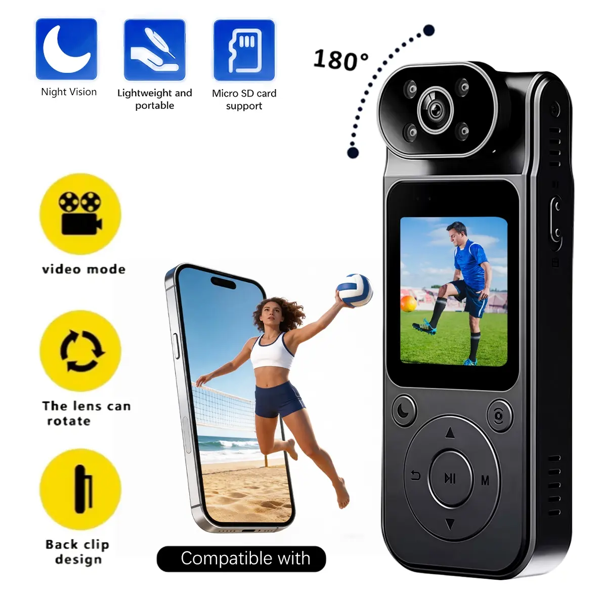 1080P Body Camera, HD Vlog Camera with WiFi Connectivity, Video Camcorders, 180° Rotating Lens & Night Vision, Magnetic Hands-free Wearable Camcorder, Loop Video & Voice Recording for Outdoor Sports, Travel & Daily Vlogging