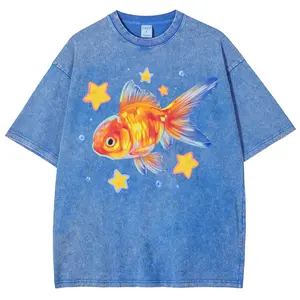 Cute Starry Goldfish Kawaii Aesthetic T-Shirt, Vintage Washed Tee, Colorful Watercolor Fish Graphic Shirt, Gift For Animal Lovers