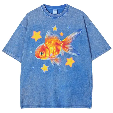 Men's Loose-Fit Soft Cotton Short-Sleeve Vintage Graphic Tee - Cute Starry Goldfish Kawaii Aesthetic, Vintage Washed, Colorful Fish Graphic Sparks Smiles, Easy Go-To Casual Tee, Gift For Animal Lovers, Size M