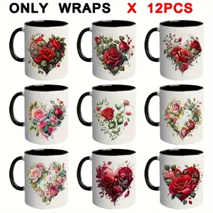 Stickers, Decorative Stickers, 12pcs Floral Heart-Shaped UV DTF Transfer Decals - Self-Adhesive Vinyl, Suitable for Mugs, Glasses, Bottles, and DIY Crafts, PVC Material, Romantic Rose & Flower Design