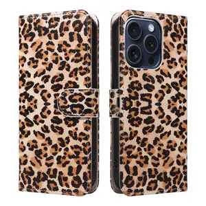 Leopard Print Flip Smartphone Case with Card Slot and Lanyard, Fits iPhone Models 16promax/15promax/14promax/13/12/11, Stylish Protective Cover Accessories Cellphone Casing