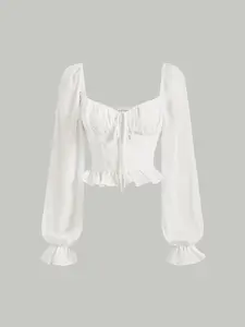 Women's Cute Sweet Versatile Fitted Ruffled Design Pleated Front Tie Flounce Long Sleeve Blouse Shirt, Stylish Casual Top for Everyday Wear Womenswear