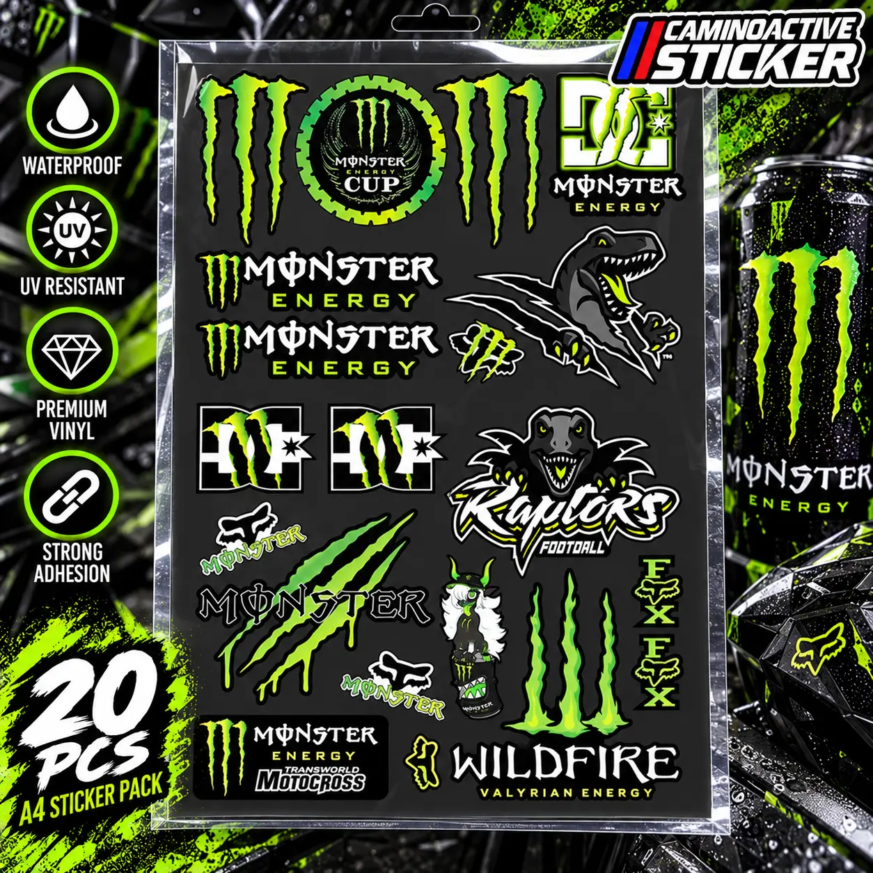 Monster Energy Sticker 20pcs per Pack - Extreme Sports Racing Decal for Dirt Bikes and Cars