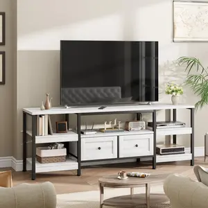 Garvee and Garvee Industrial Style TV Stands with 2 Drawers and Open Shelves, Sturdy Metal Frames, Rustic Design, Fits TVs 65-90 Inches, Available in White and Vintage Brown, Multiple Sizes 63-85 Inches
