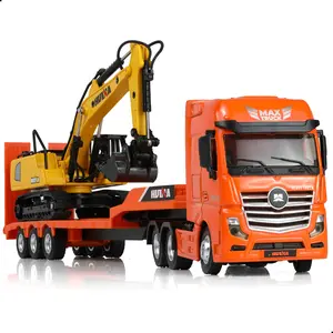 1/50 Scale Semi Truck with Lowboy Trailer and Excavator Die-Cast Alloy Set – Heavy Transport Tractor with Construction Equipment, Collectible Engineering Vehicle Gift for Adults Orange