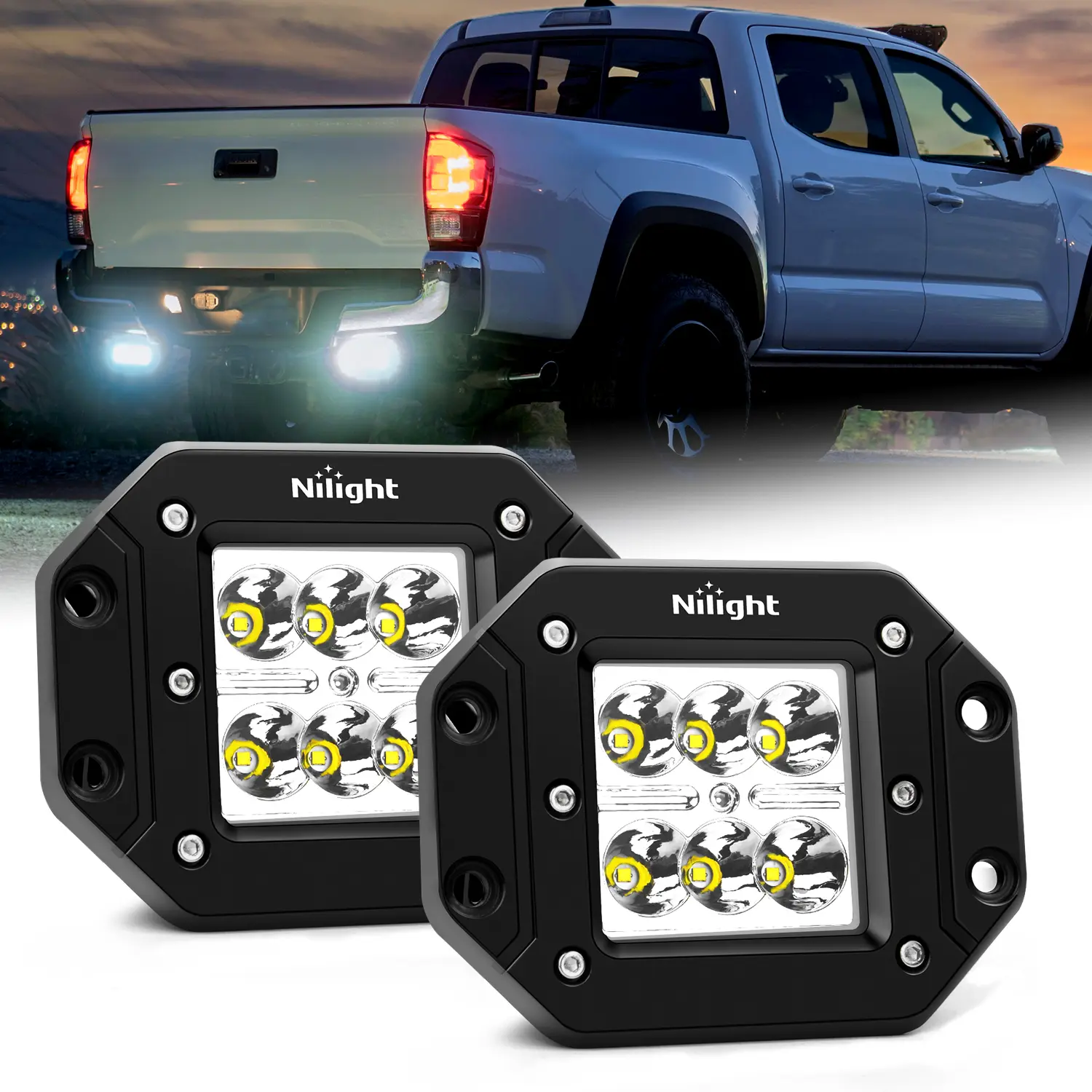 Nilight Dual Pack 18W Spot LED Auxiliary Work Lights - Flush Mount Carlights, Automotive Bumper Accessories for Jeep, Truck, Father's Day Gift, Auxiliary Light