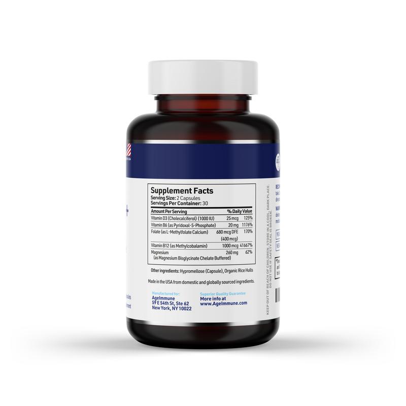 Vitamin B Complex - 60 Capsules with Vitamins B6 20mg D3 1000IU Magnesium Bisglycinate 260mg Methyl B12 1000mcg and Folate as Methylfolate 600mcg DFE. Healthcare Dietary