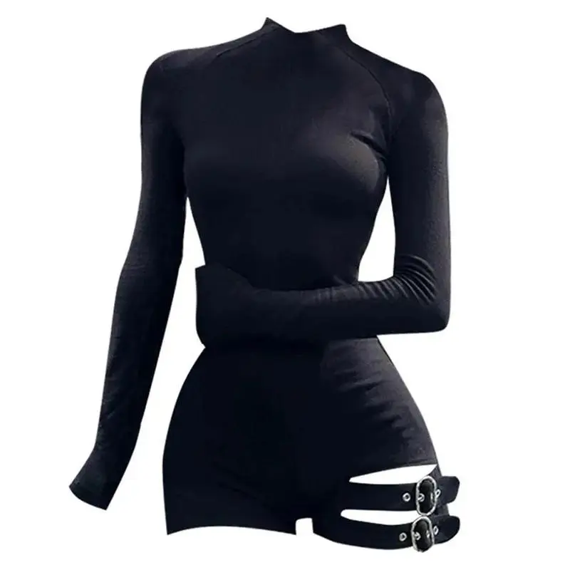 Bandage Jumpsuit - Skinny Long Sleeve Bodysuit, Spice Girl Romper Clothes Womenswear Tops Turtleneck Basic Black Minimalist Can be used with a raincoat