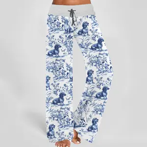 Dachshund Blue Pattern Contrast Wide Leg Pants For Women - SHESHOW