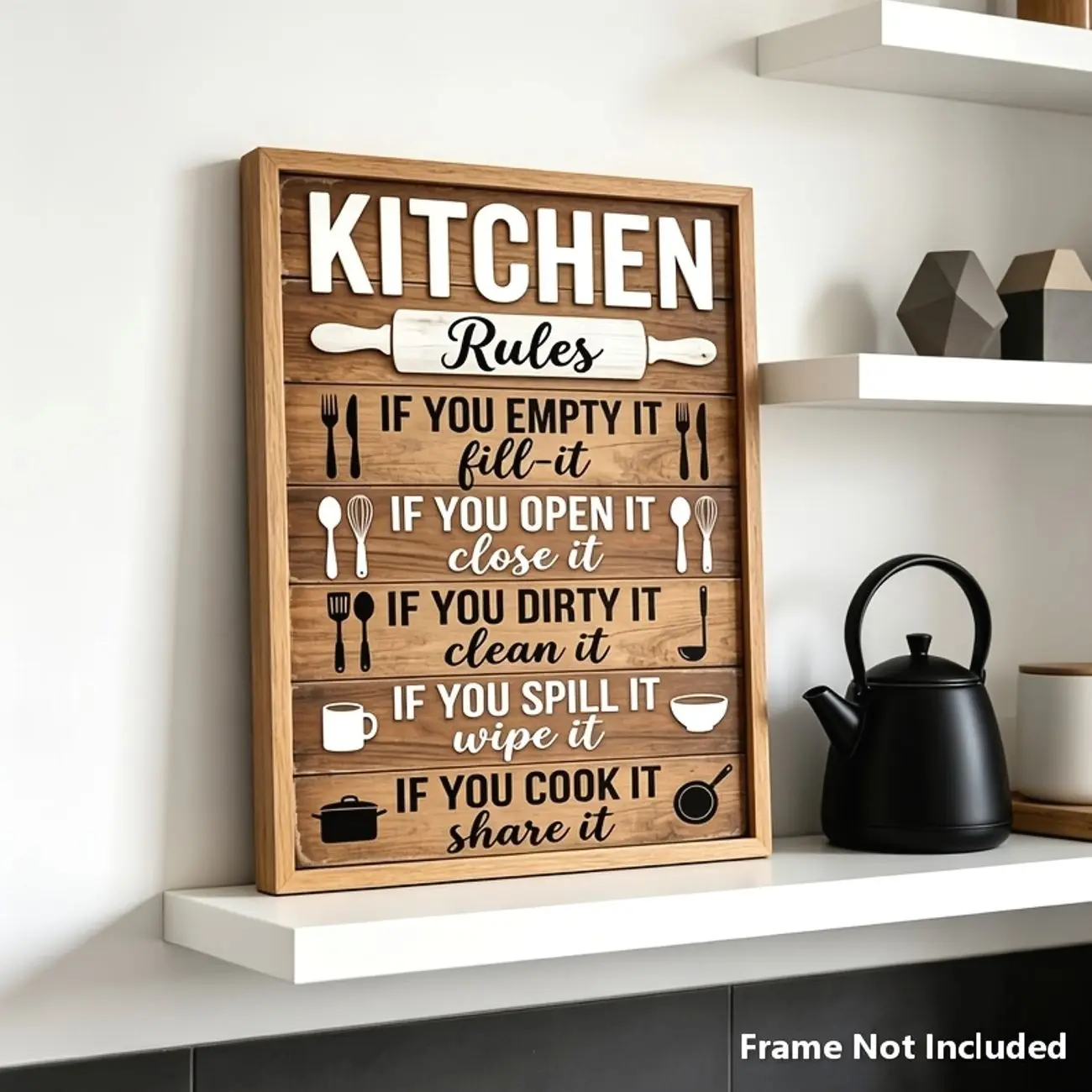 Kitchen Rules Wall Art Print, Rustic Wood Effect Funny Kitchen Quote Poster, Farmhouse Style Kitchen Rules Sign