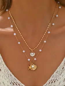 Set of 2 Boho Style Zinc Alloy Faux Pearl Shell Pendant Necklaces, Adjustable Chain, Perfect for Daily Wear & Gifts, Boho Style Jewelry