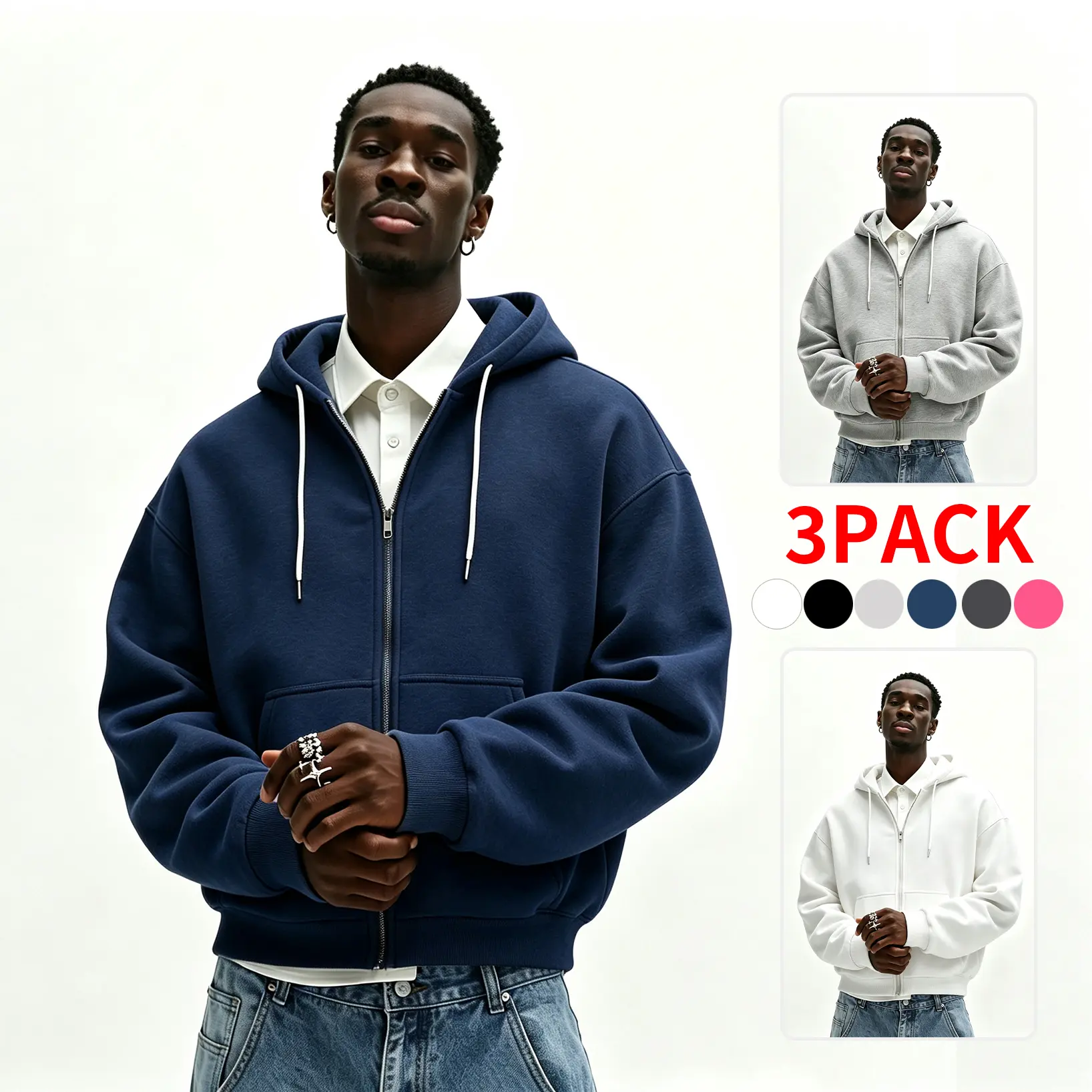 3-Pack Men's Cropped Zip Up Hoodie, Fall Winter Oversized Hooded Jacket With Front Pocket, Soft Cozy Breathable Loose Fit Sweatshirt, Trendy Streetwear Outerwear For Daily Casual Outdoor Outfits elastic cuff sport little bit