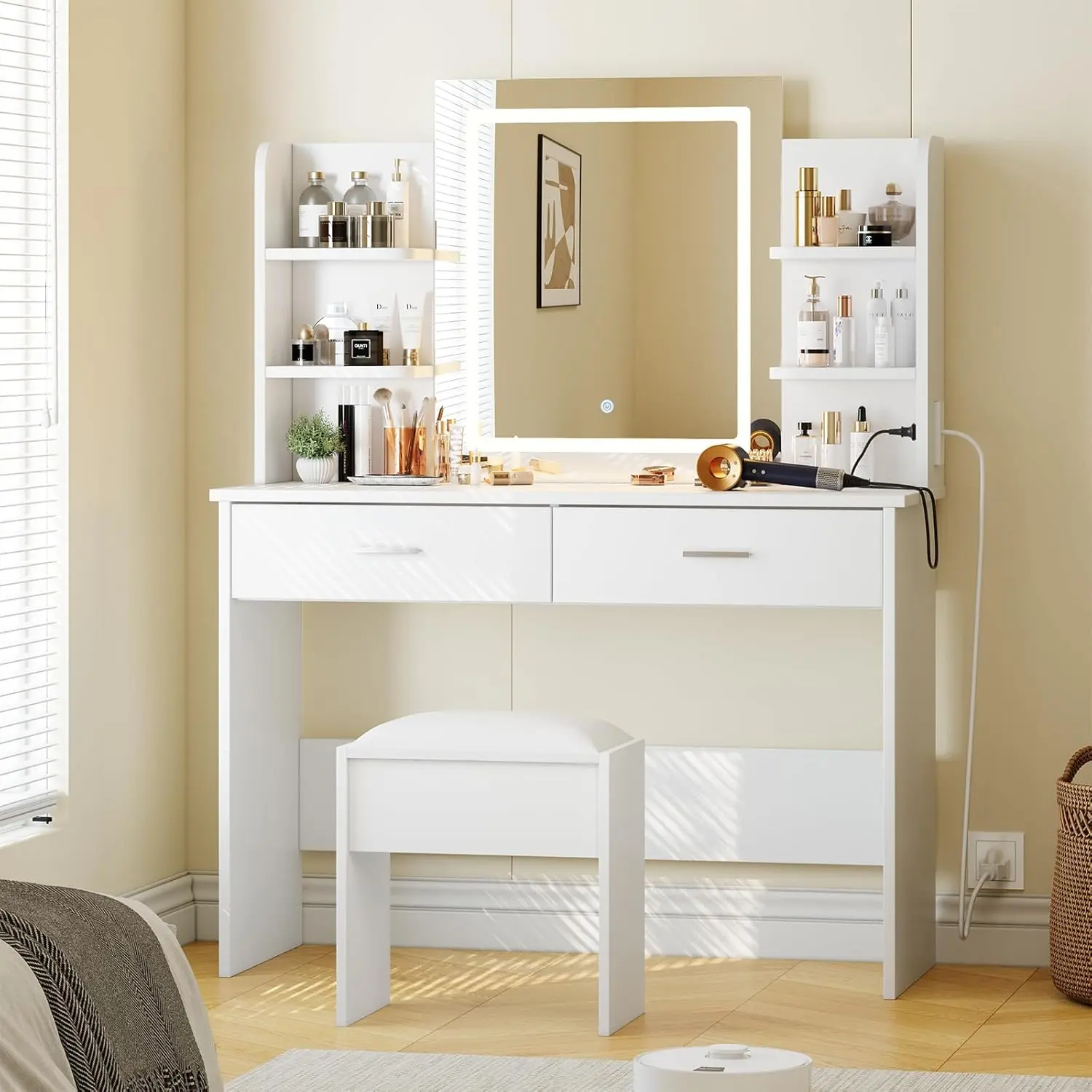 Vanity Desk with Lighted Mirror, Makeup Vanity Set with Power Outlet, Cushioned Stool, Vanity Table with 6 Storage Shelves, 2 Large Drawers and 3 Color Light Adjustable Brightness, White