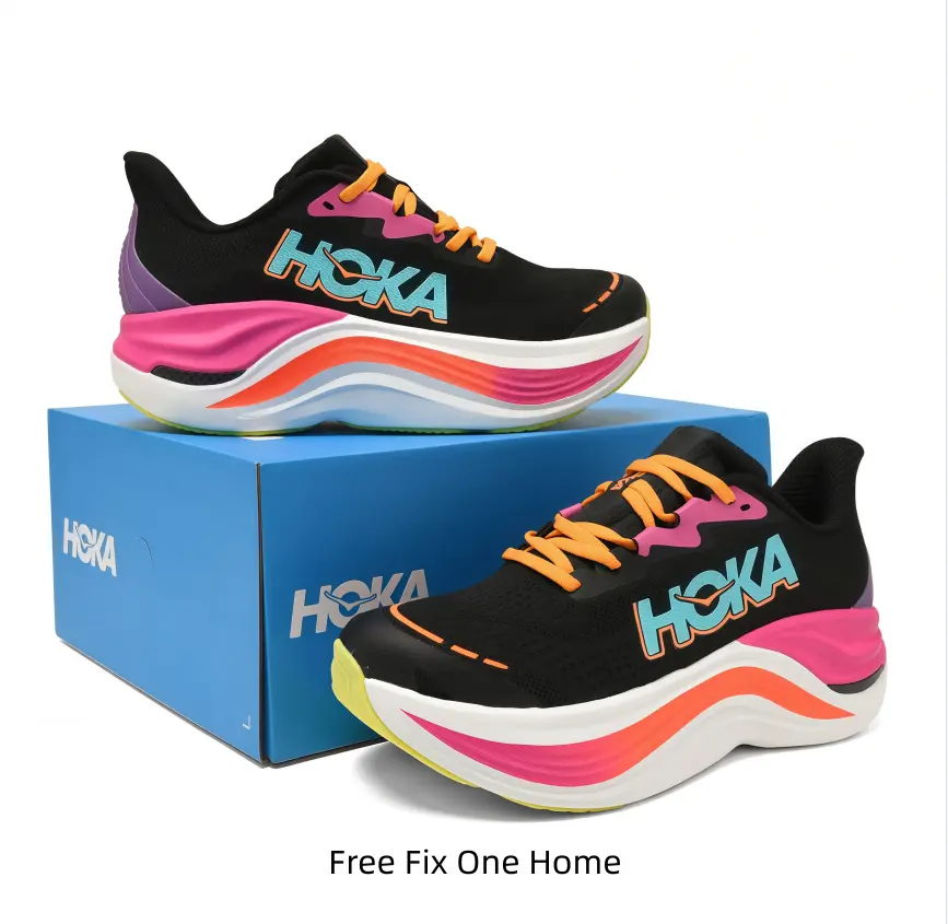 Vibrant multi-color wave thick cushioned running sneakers, black breathable mesh upper with bold pink, orange and purple accents, ultra plush curved midsole for cloud-like comfort on long runs
