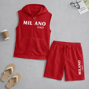 Men's Milano Italy Graphic Sleeveless Hoodie Shorts Set 2 Piece Outfit Milano Letter Print Zip Up Hooded Vest Drawstring Shorts Summer Casual Gym Workout Streetwear Breathable Lightweight Athletic Lounge Set