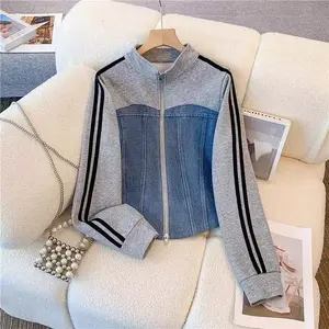 Women Preppy Style Patchwork Contrast Denim Sets Stand Collar Zipper Jackets Coats Elastic Jeans 2 Piece Suit Streetwear Comfort Clothes Womenswear