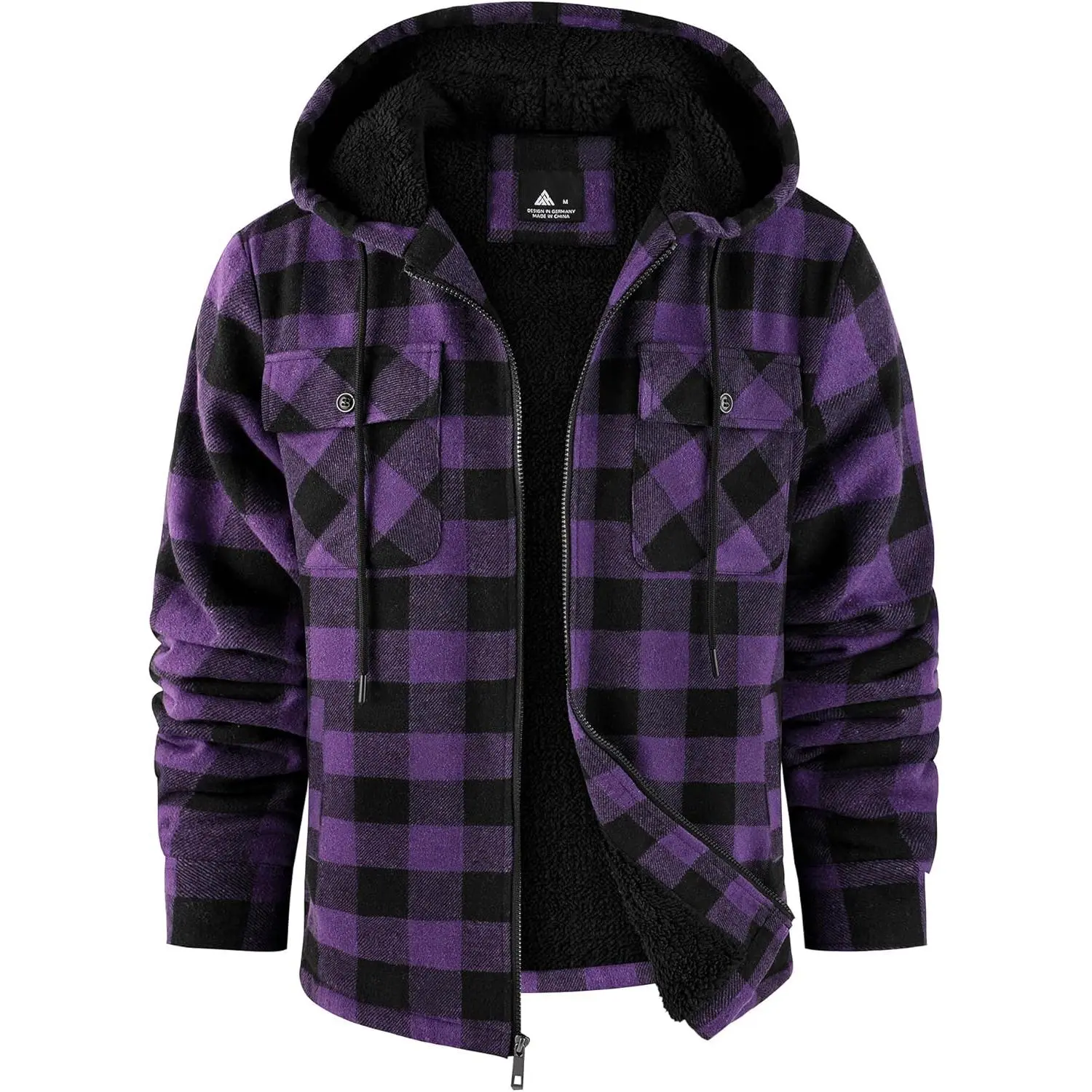 Men's Plaid Fleece Flannel Sherpa-Lined Zip-Up Hoodie Jacket, Zipper-Closure Long-Sleeve Winter Coat with Pockets, Polyester Tops for Outdoor Sports, Ideal Gift for Husband