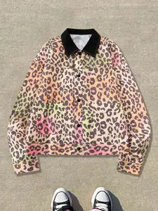 Men's Leopard Print Jacket, Color Gradient Collar Design, Casual Fitted Style for All Seasons, Perfect for Daily Wear & Street