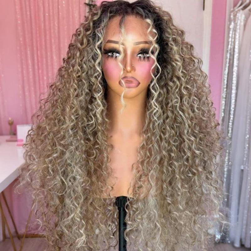 Kinky Curly Lace Front Wig Ombre Brown Roots Ash Blonde Synthetic Wig 13x4 Hd Lace Front Wigs Blonde Deep Wave Synthetic Lace Front Wigs for Women for Daily Party Cosplay Use Suitable for Daily Wear and Professional Performances Alike