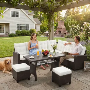 6 Piece Outdoor Sectional Furniture Set, All-Weather Wicker Patio Conversation and Dining Set with 2 Ottomans, 3 Sofa Sections, and Dining Table, Washable Foam Cushions [Natural Brown Grey]