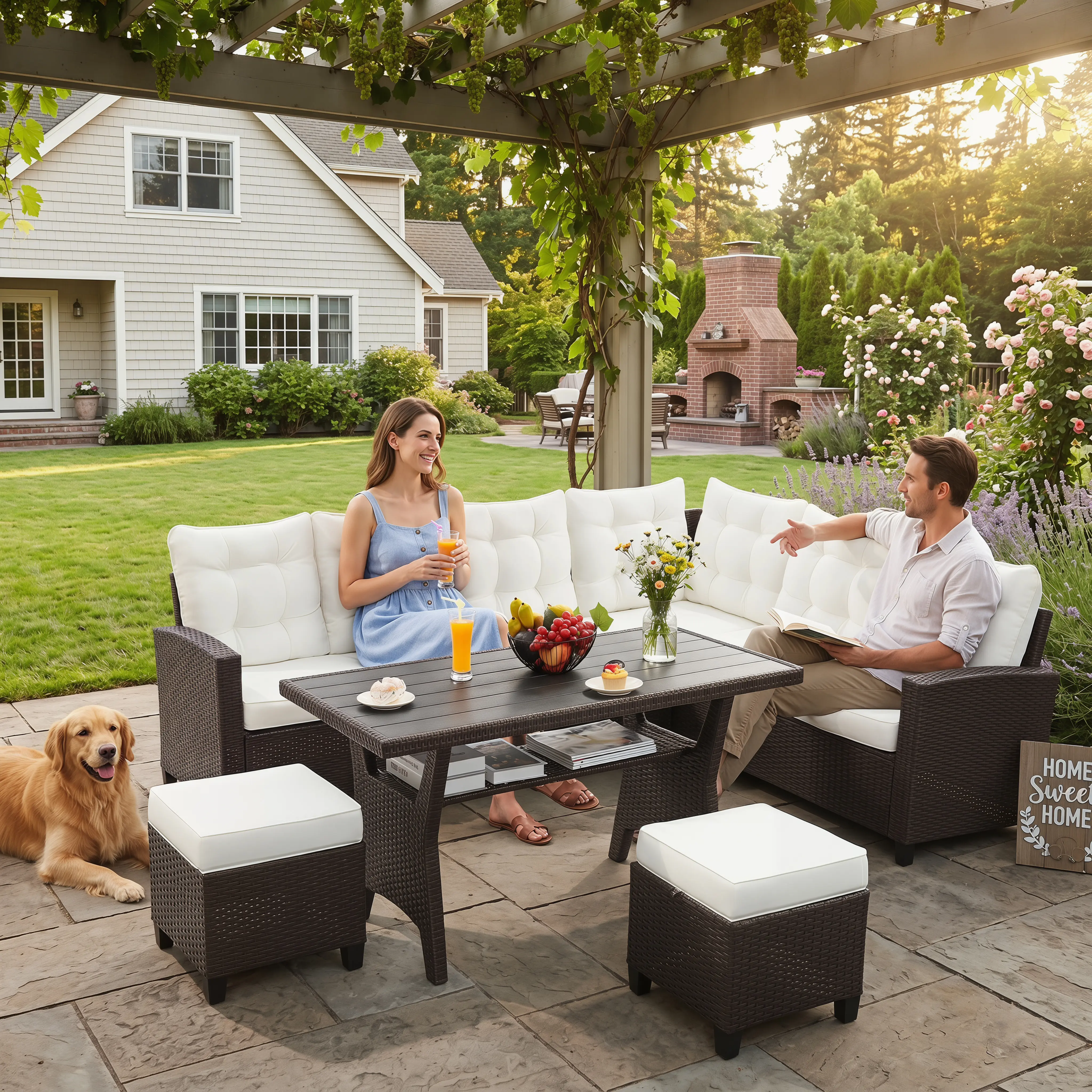 6 Piece Outdoor Sectional Furniture Set, All-Weather Wicker Patio Conversation and Dining Set with 2 Ottomans, 3 Sofa Sections, and Dining Table, Washable Foam Cushions [Natural Brown Grey] summergarden